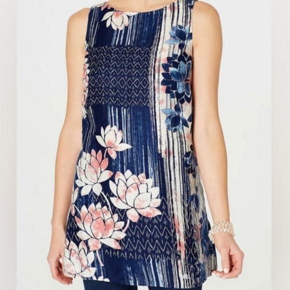 J. Jill Tops - J Jill Pure Jill Petite Medium Sleeveless Tunic Top Lotus Floral Blue Pink
